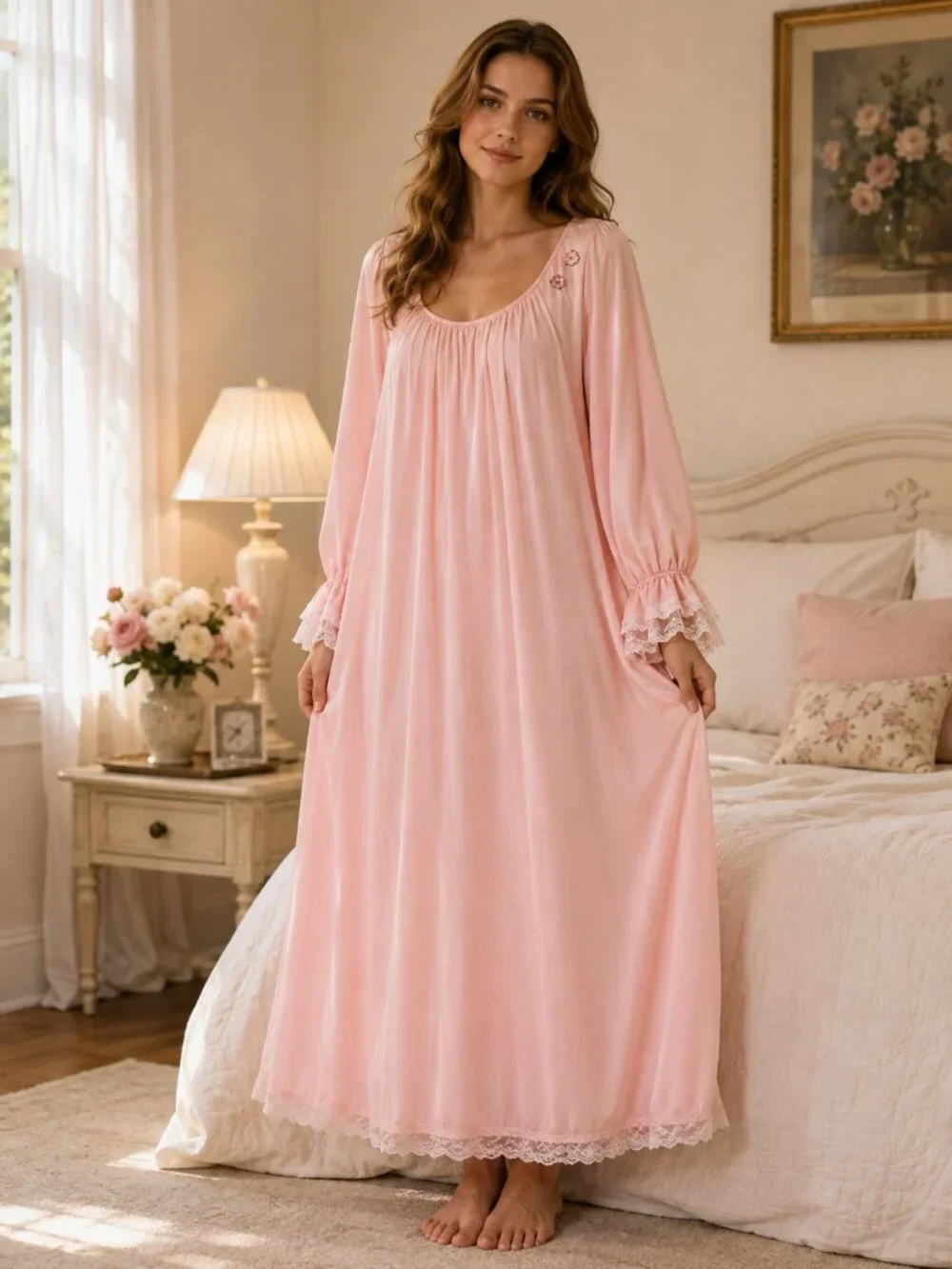Vintage Lucie Ann Pink Delicate Ruffle Lace Cuffs Hem Subtle Floral Nightgown L
